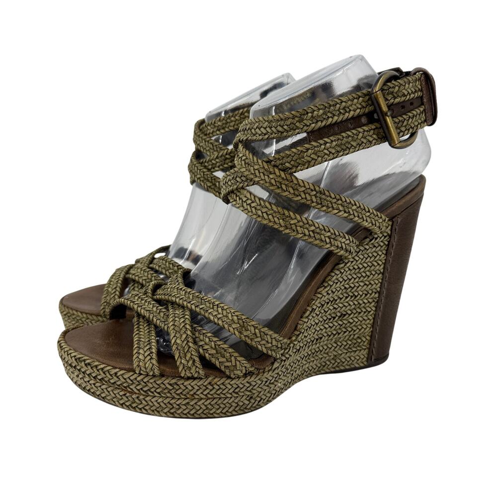 Stuart Weitzman REINS Braided Leather Wedge Sandals Size 8 M Olive Green Brown
